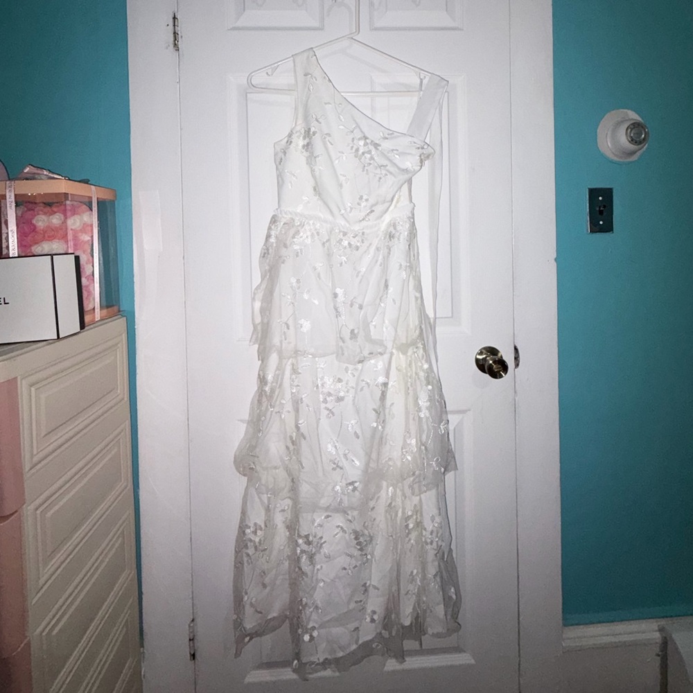 One Shoulder Dress with floral lace detailing and a tie of shoulder strap